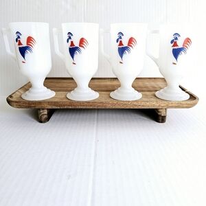 Vintage federal milk glass 4 rooster mugs pedestal base drinkware